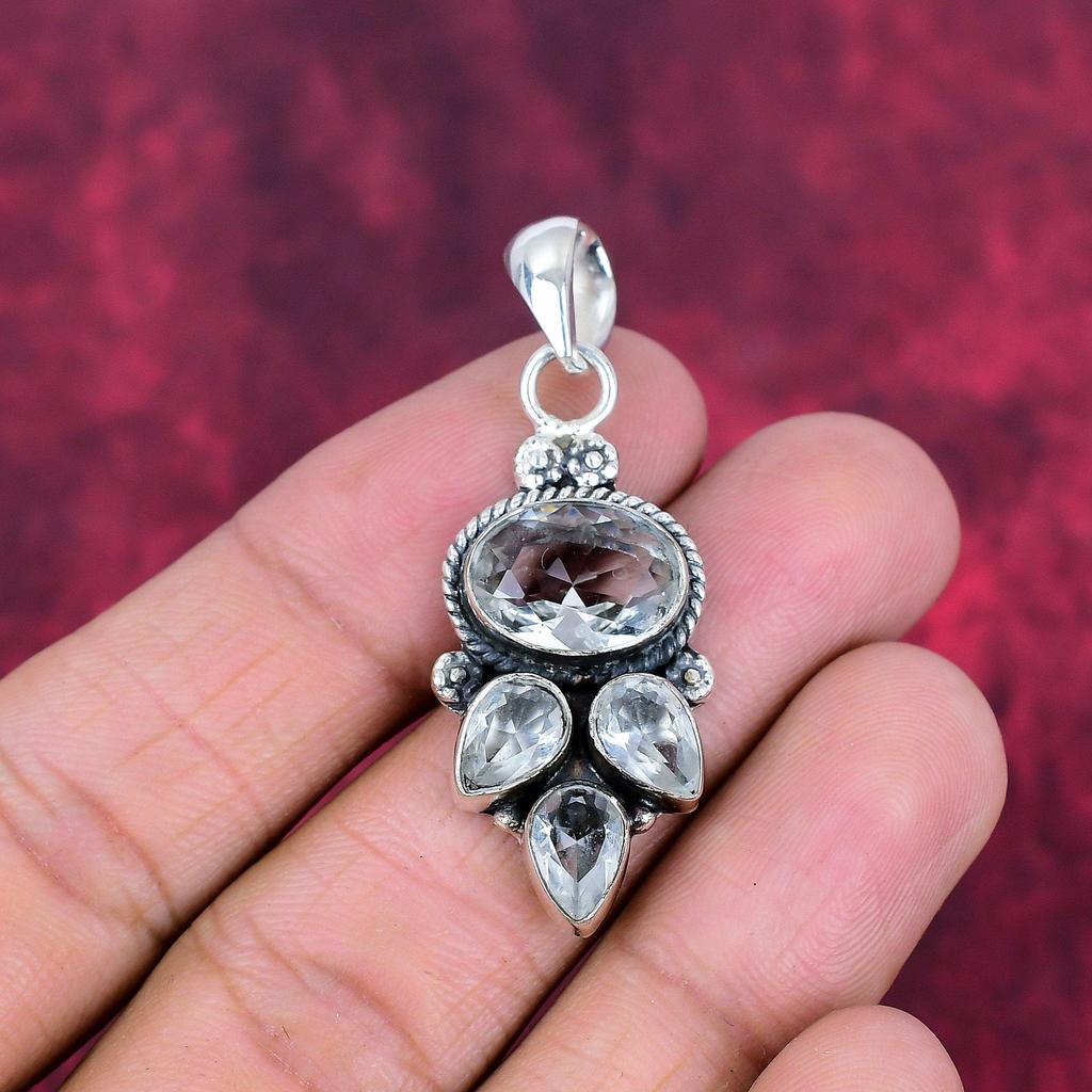White Topaz Gemstone Pendant, 925 Solid Sterling Silver Antique Pendant, Handmade Jewelry Anniversary, Gift For Mom