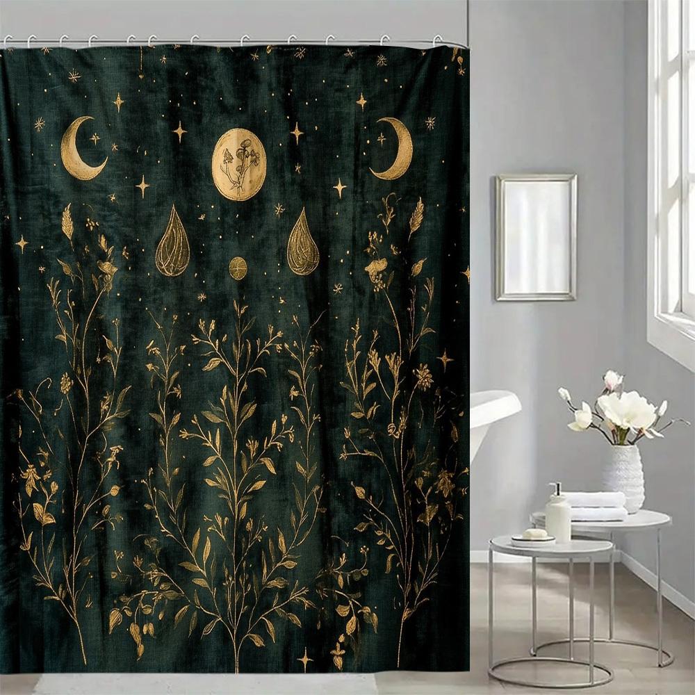 

[Luxury Shower Curtain] 1Pc Enchanted Forest Golden Veins Shower Curtain | Celestial Moon & Stars Design, Dark Green Botanical W60H190(CM)-1 Pcs