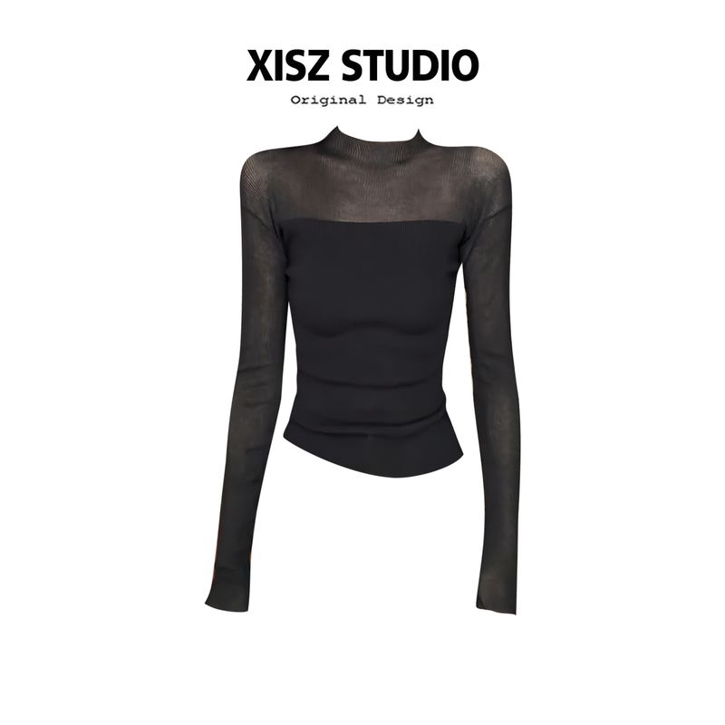 

Stylish and Sexy Slightly See-Through Patchwork Stand-Collar Long-Sleeve Knit Top for Women, Spring Season, Stretchy, Slim-Fit, Versatile Base Layer Black L