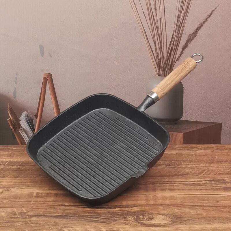 Cast Iron Square Steak Frying Pan with Wooden Handle