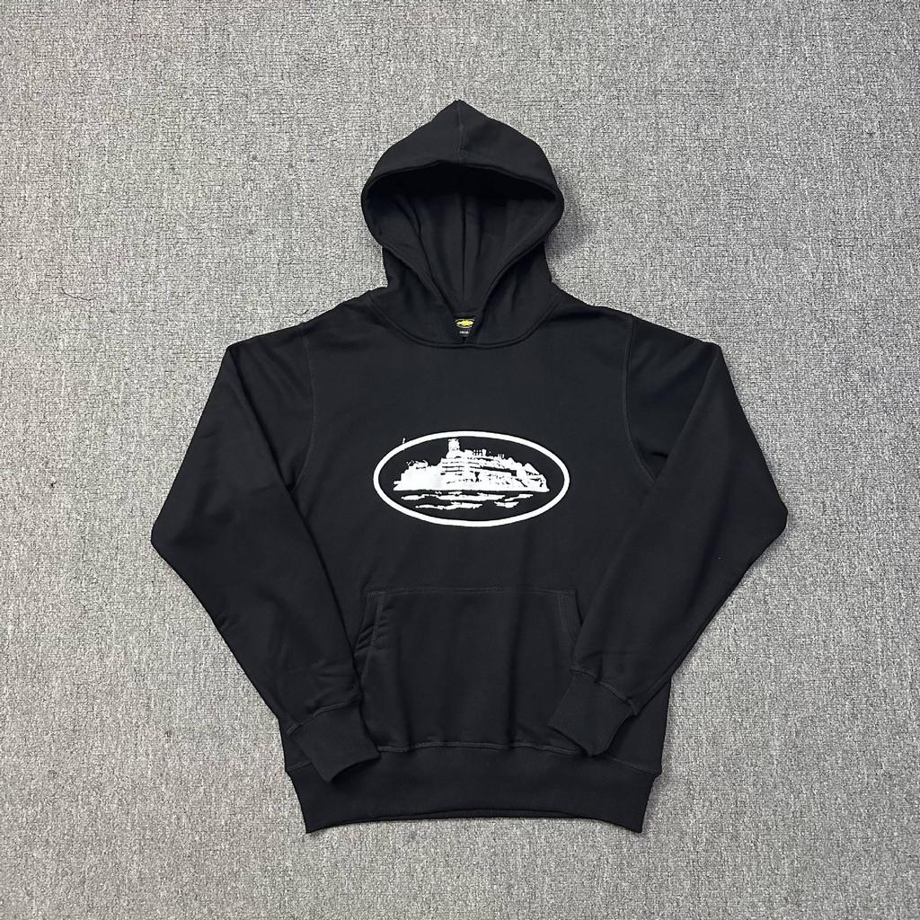 Corteiz Classic Series Ship Print Logo Thin Plush Loop Hooded Sweater, Trendy Men's and Women's Casual Sweatpants