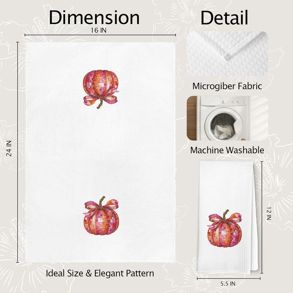 Disco Pumpkin Fall Kitchen Towels, Orange Coquette Bow Pumpkin Dish Towel for Kitchen, Trendy Fall Decor, Thanksgiving Autumn Trendy Halloween Hand