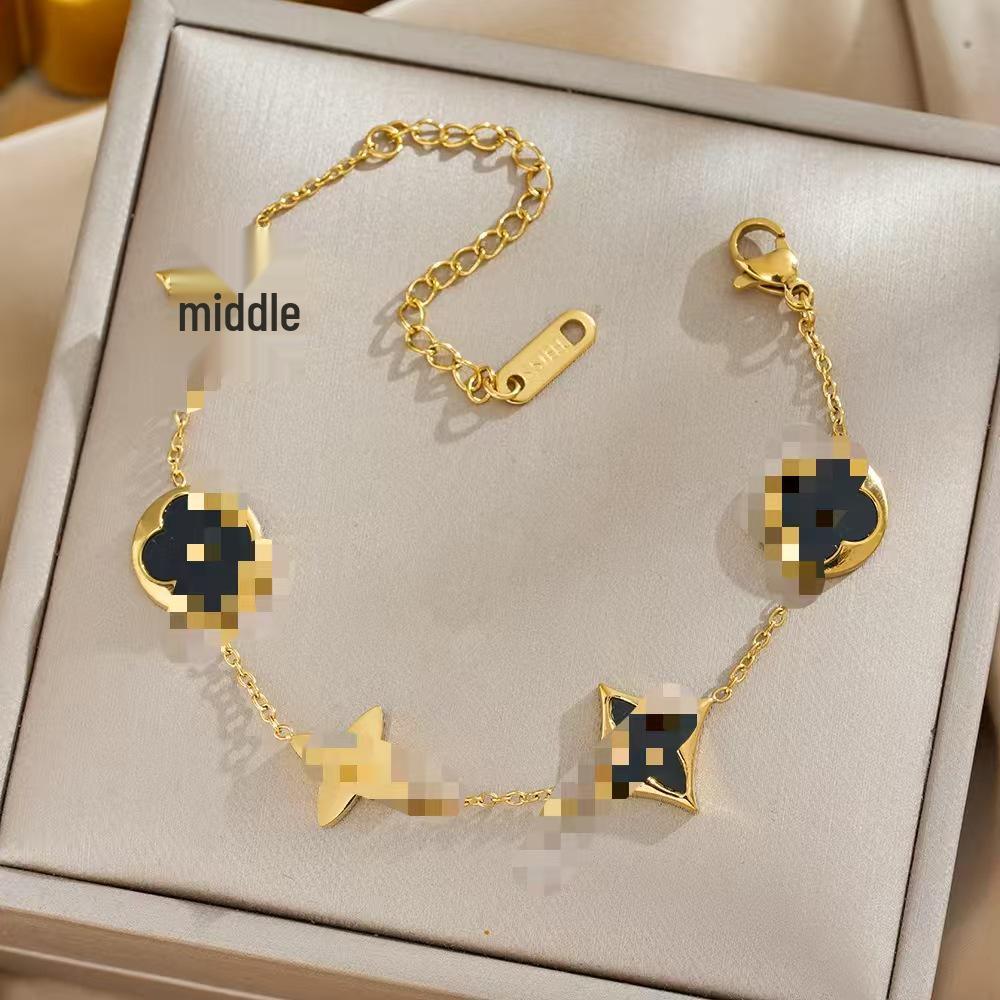 Luxe Titanium Staal Vierbladig Klaver Armband in Koreaanse Stijl met Ingelegde Diamanten voor Vrouwen - Kleurvast