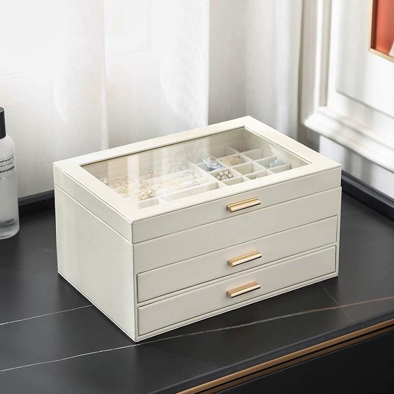 Leather Jewelry Box Luxury Exquisite 3 Layer Modern Drawer Style Jewelry Box Multifunctional Creative Display Miniature Ornaments Packaging Supplies
