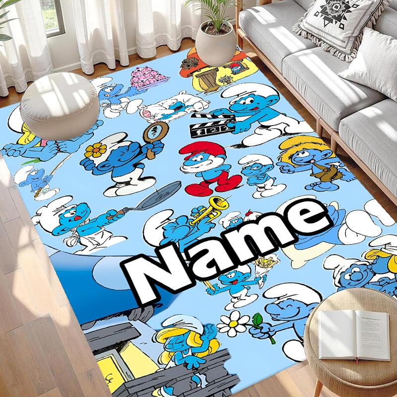 Custom Name Personalized Blue Smurfs Print Carpet, Versatile Home Decor Rug, for Playroom, Apartment, Balcony, Entryway, Hallway Gift
