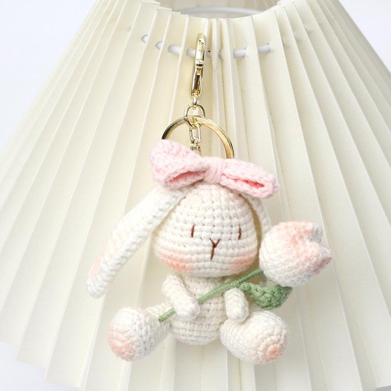 Cartoon Crochet Tulip Rabbit Doll Key Chain Pendant Home Room Decor Cute Handmade Knitted Animal Rabbit Ornament Christmas Gifts