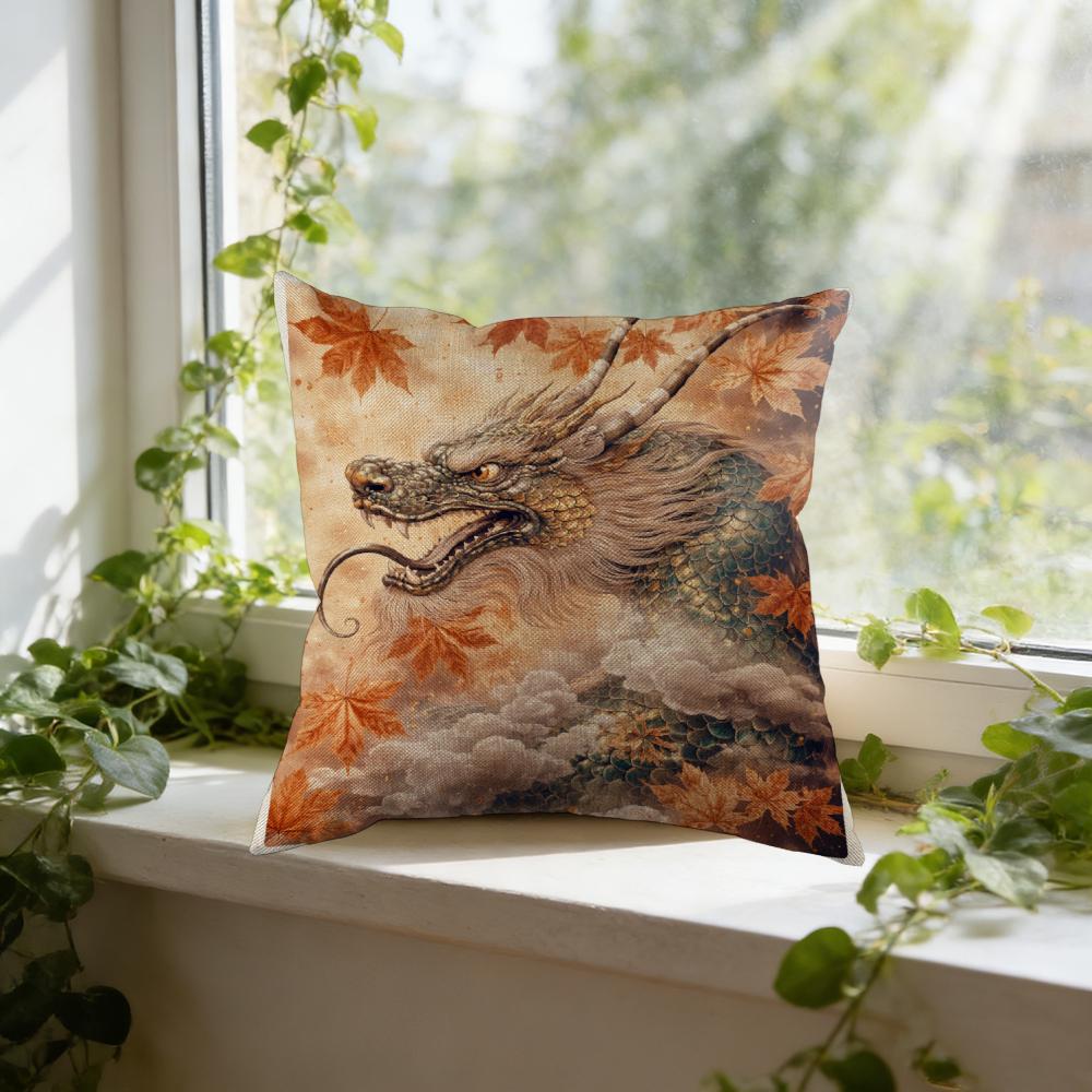 Dragon Throw Pillow Autumn Leaves And Clouds Design Decorative Cushion For Living Room Bedroom Window Seat