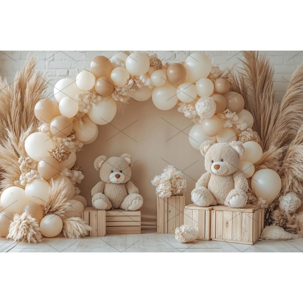 Boho Pampas Teddy Bear Photography Background Balloons Arch Tent Decor Cake Smash Baby 1st Birthday Indoor Photocall Backdrops