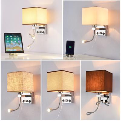 Modern Simple USB Port Charging Wall Lamp Hotel Bedroom Bedside Square Fabric Wall Sconce with Led Spotlight Rocker Switch