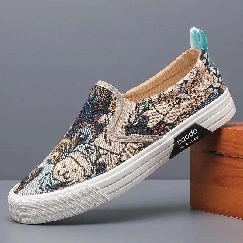 

Мужская обувь Весенняя мода парусиновая повседневная обувь Мужская трендовая обувь с принтом медведя на плоской подошве для скейтбординга Молодежная мужская обувь без застежек для мужчин 44