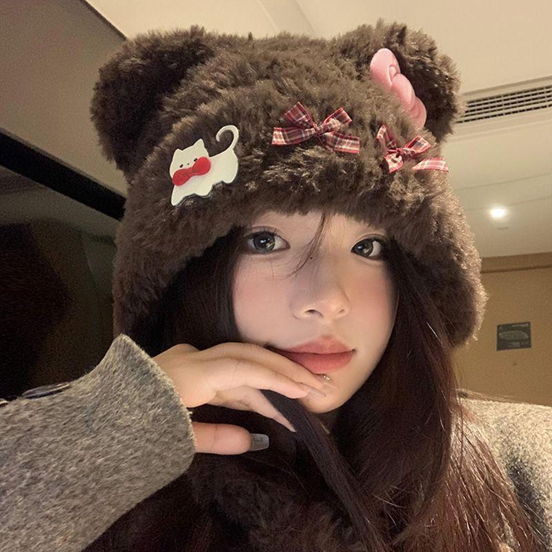 Cute Little Bear Ears Cat Bow Plush Hat for Women In Autumn and Winter Warm Ear Protection Lei Feng Hat Showing Face