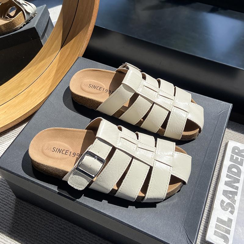 Women's Solid Color Flat Closed Toe Sandals Summer New Fashionable Hollow Woven Slip-on Thick-soled Beach Vacation Rome Sandals