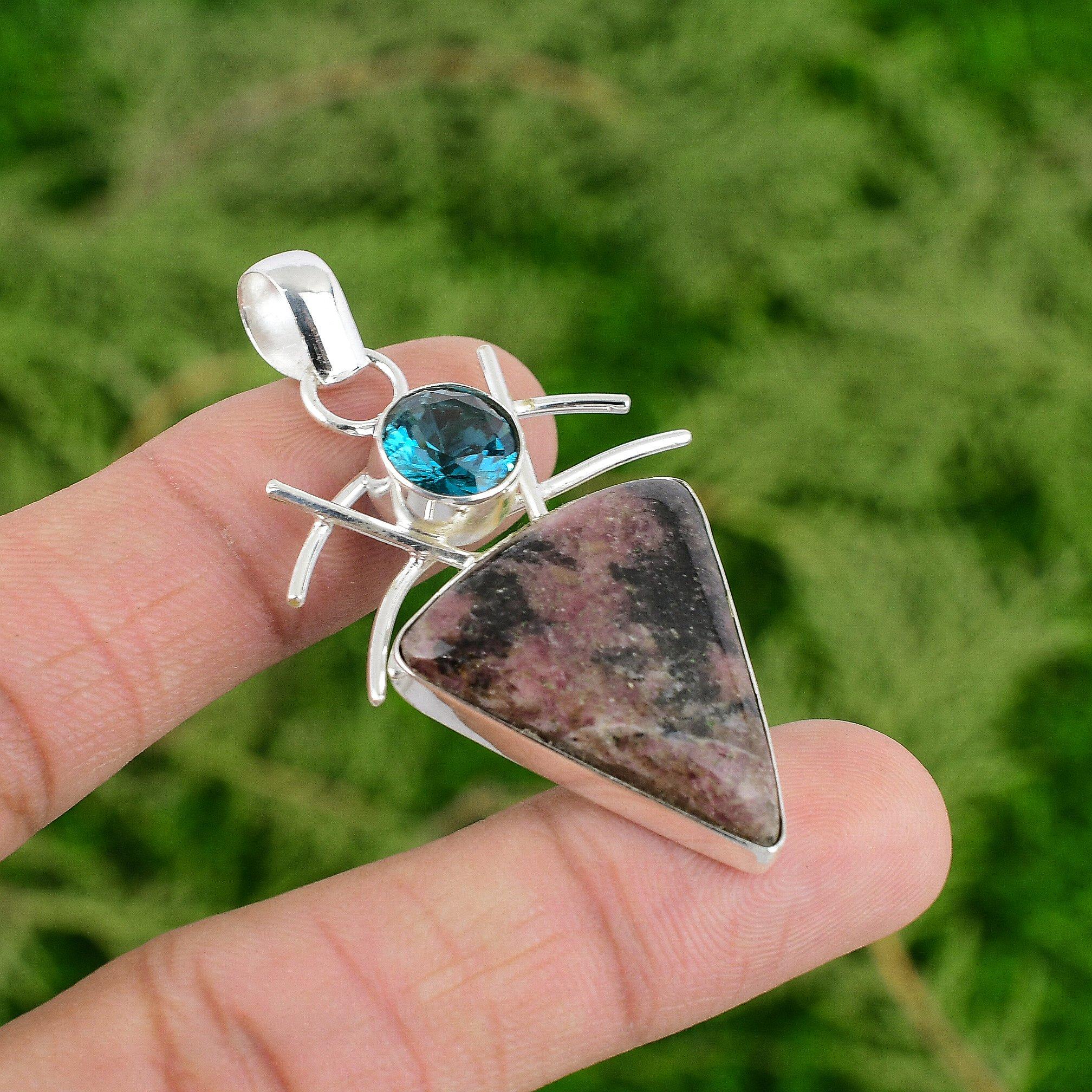 

925 Sterling Silver Rhodonite Gemstone Swiss Blue Topaz Birthday Pendant Jewelry