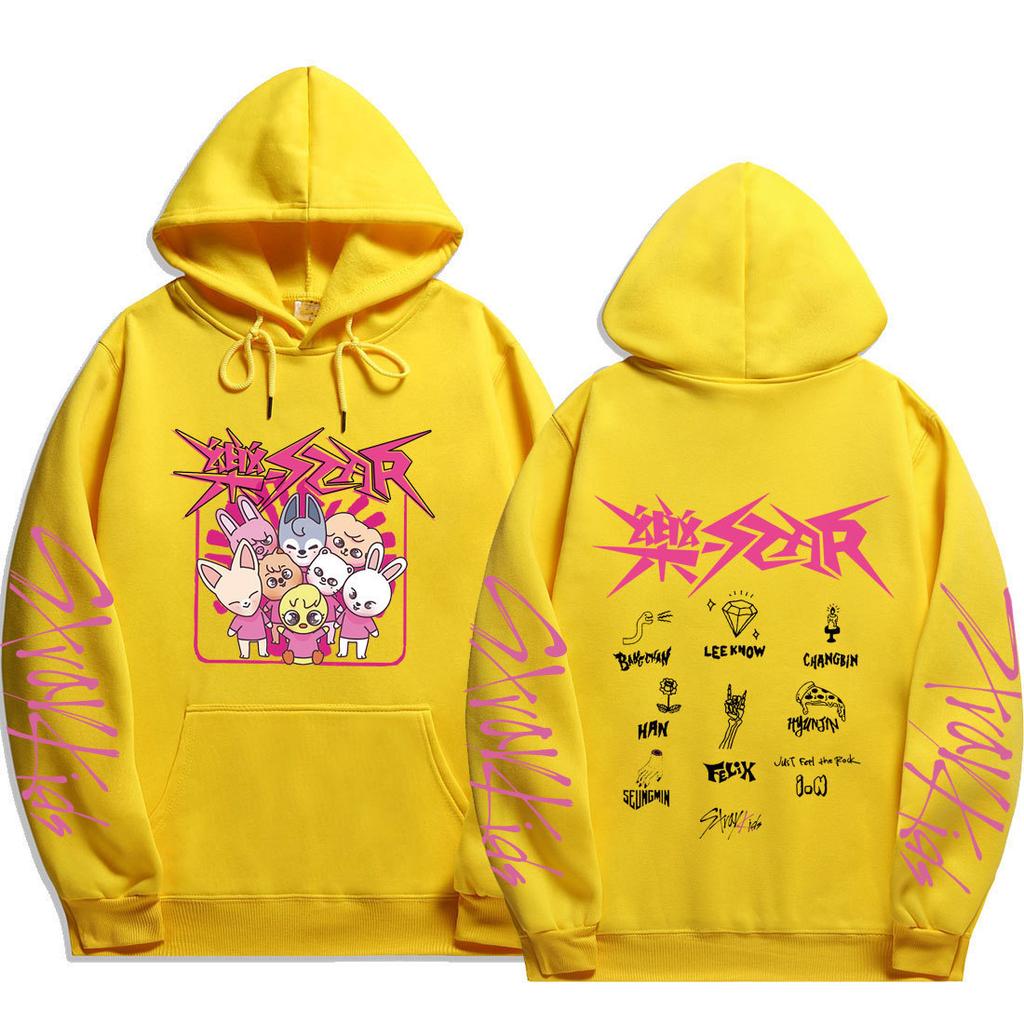 Stray Kids SKZOO Group Hoodie Rock‑Star Logo Prints & Back Members Names Doodle with Just Feel the Rock, Oversized K‑Pop Fan Pullover