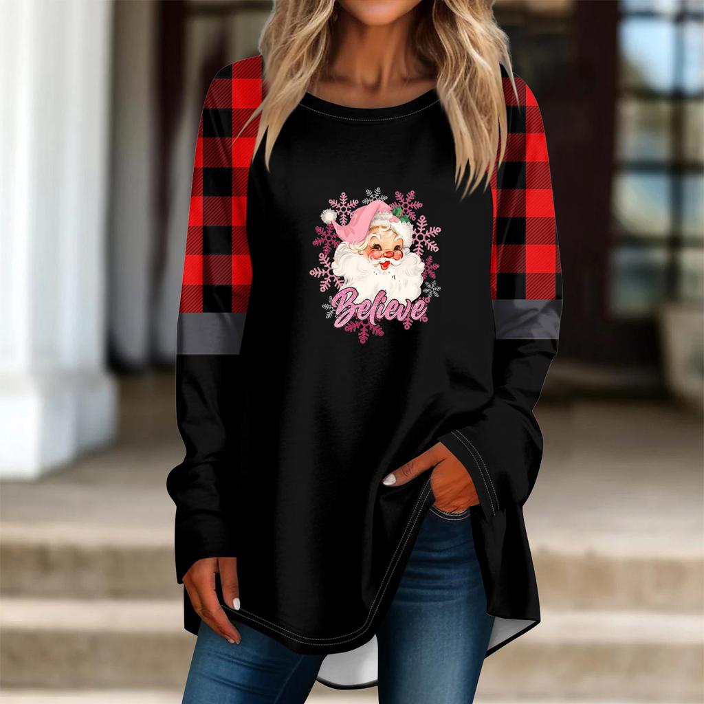 Fashionable Women's Loose Round Neck Christmas Small Print Long-sleeved T-shirt Top Pullover