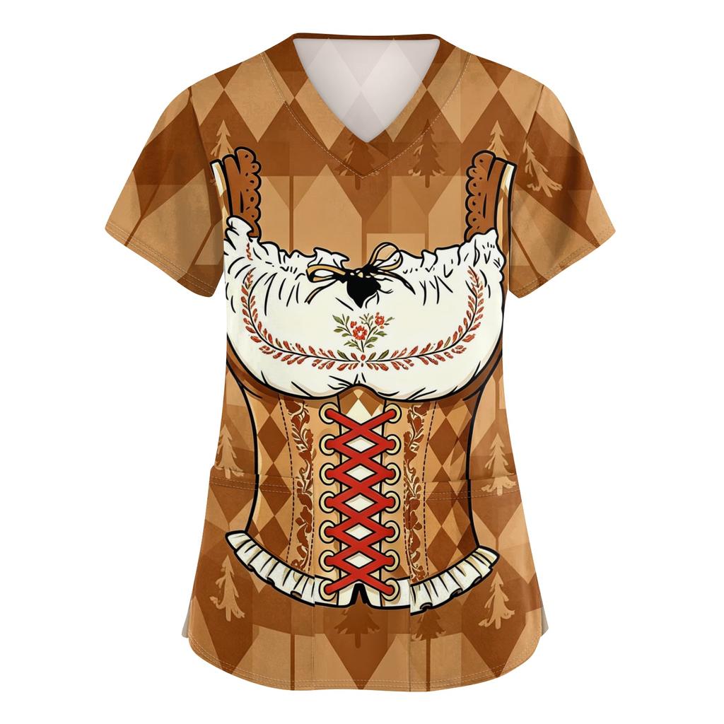Women's V Neck Short Sleeve Work Shirt with Pockets Oktoberfest Print Top Medical Nursing Scrub Tee for Healthcare Professionals