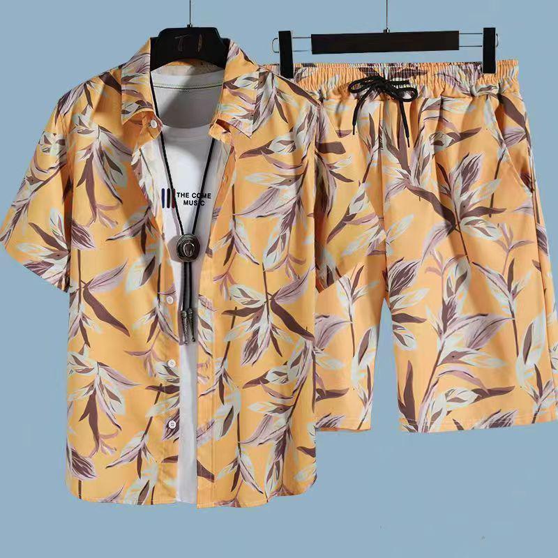 Set Coordinato da Uomo Casual a Maniche Corte Floreale Hawaiano ad Asciugatura Rapida e Pantaloncini da Spiaggia