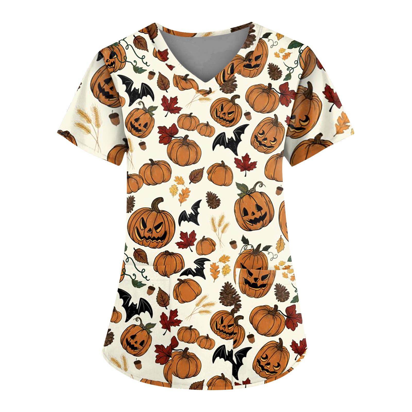 Women s Fashion Casual Short Sleeve V-Neck Halloween Printed Pocket Top L