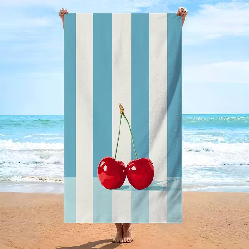 Süßes Kirschmuster Strandtuch Blau Weiß Diagonal gestreiftes Badetuch Schnelltrocknend Saugfähig Sandfreies Handtuch für Erwachsene Strandnutzung