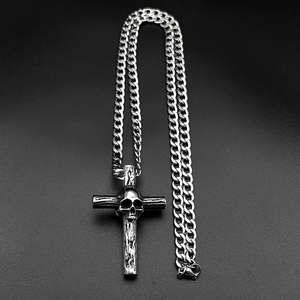 Gothic Stainless Steel Skull Wood Textured Cross Pendant Necklace For Men Women Punk Hip Hop Silver Color Chain Party Jewelry