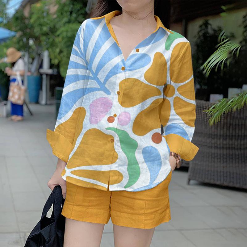 

ZANZEA Женская повседневная рубашка с воротником и длинным рукавом, контрастного цвета, с принтом, рубашка и шорты, комплекты 5XL жёлтый