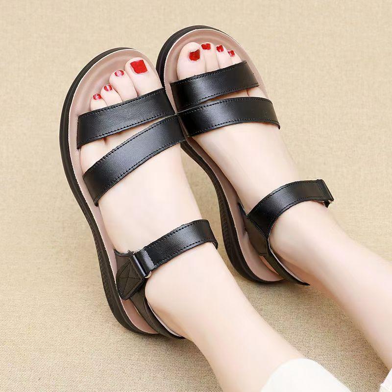 Women's Summer New Leather Open Toe Flat Sole Sandals Soft Sole Non Slip Lightweight Velcro Middle Aged And Elderly Sandals