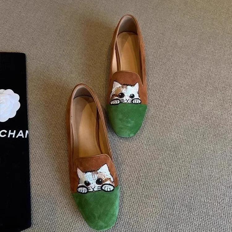 Fashion Luxury Designer Fashion Women's Retro Kitten Flat Single Spring Slip-On Bean Style Comfortable Bean Shoes Cat Round Toe Shoes