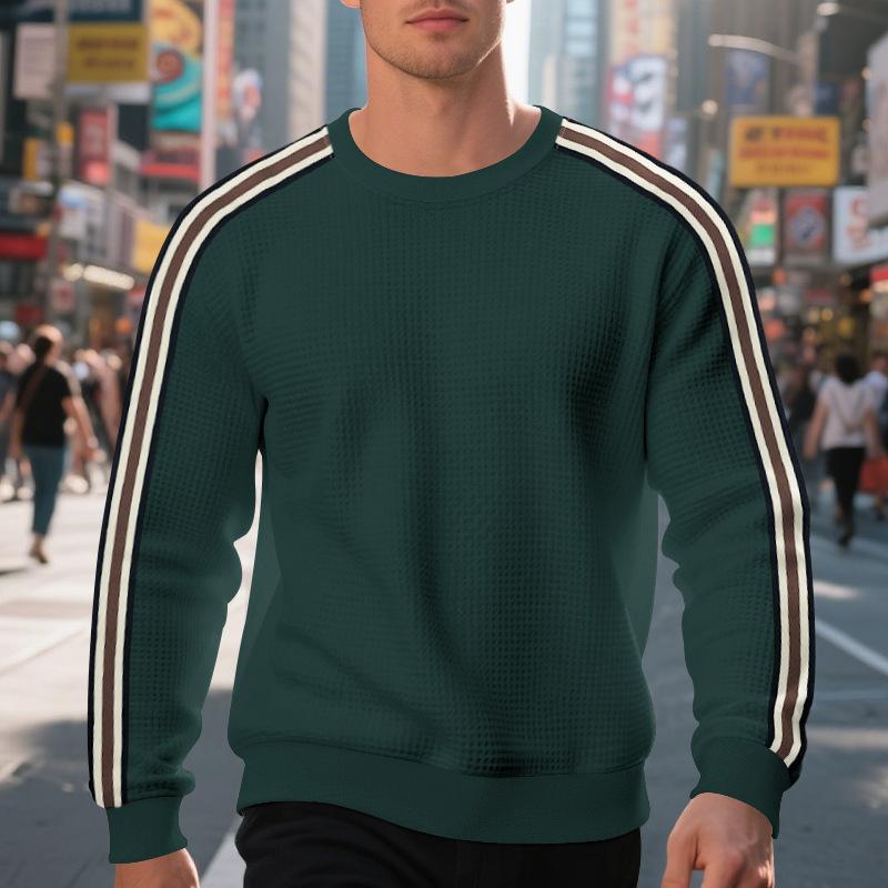 Loose Thin Seven Stripes Mens Waffle Crew Neck Casual Sports Breathable Sweatshirt