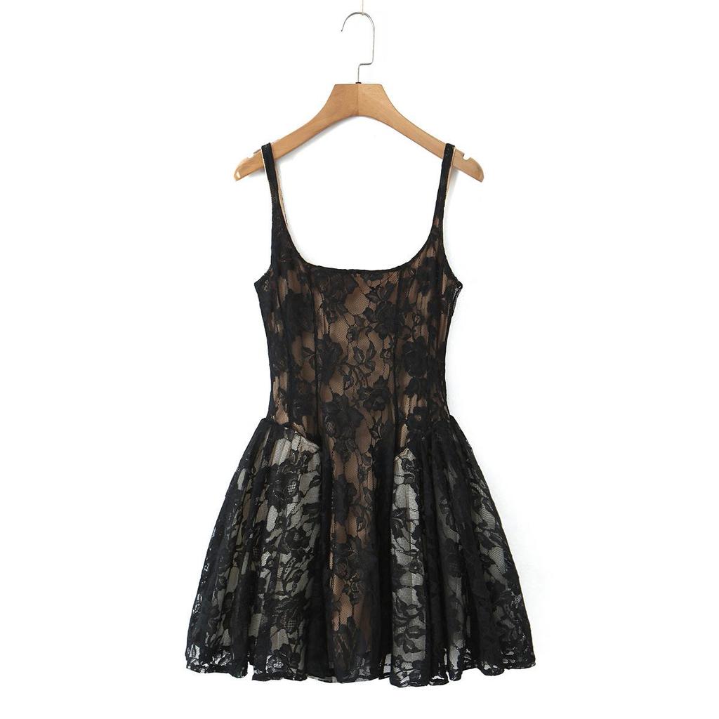 Elegant 2026 Sweet Lace Knit Camisole Dress with Retro Square Neck & Backless Design