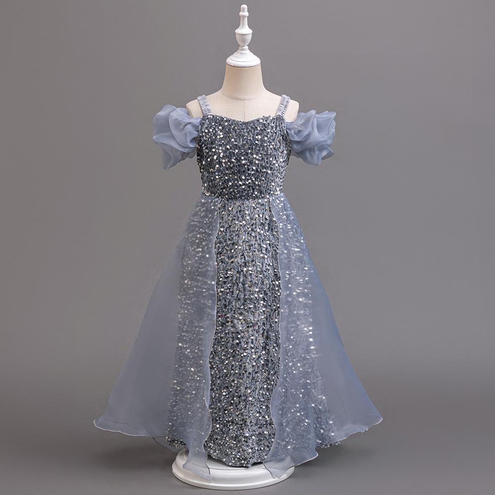 

Girls Summer Flower Girl Dress Wedding Sequins Gowns Children Princess Dresses Mesh Dresses Girls Clothing Long Paragraph 110cm серый