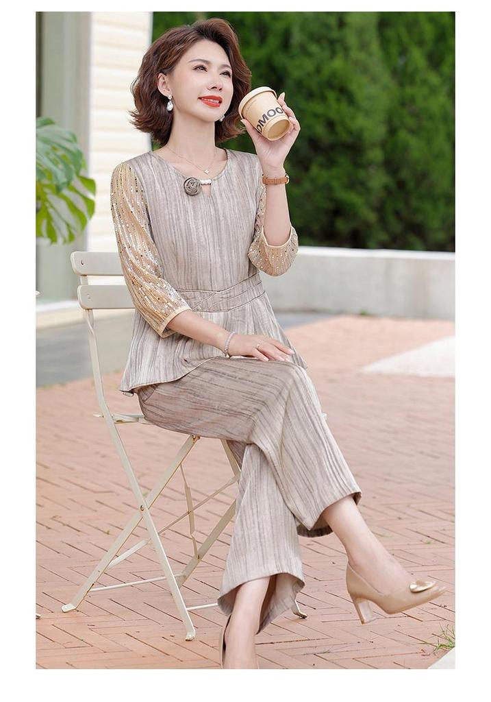 2026 Summer Fashion: Elegant Two-Piece Wide-Leg Pants Set for Middle-Aged and Elderly Women