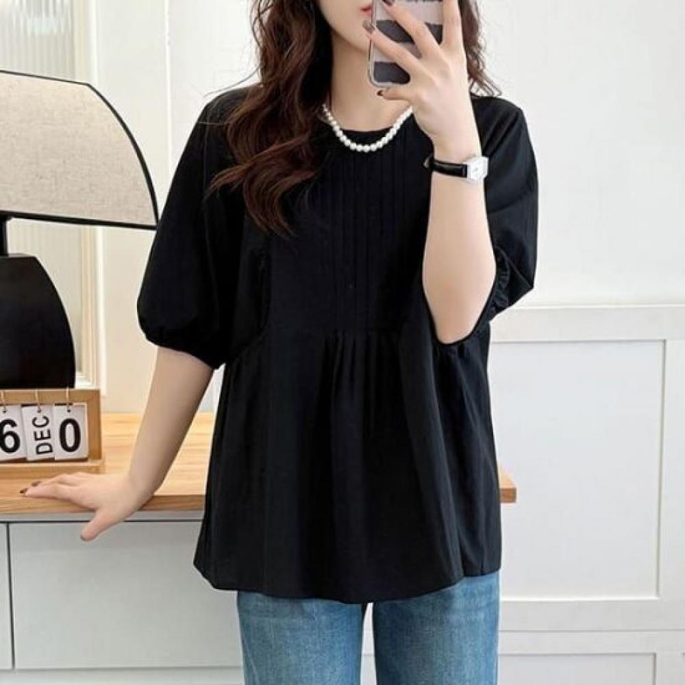 Navava Women Lovely Shirring Round Neck Short Sleeve Blouse Nb2672