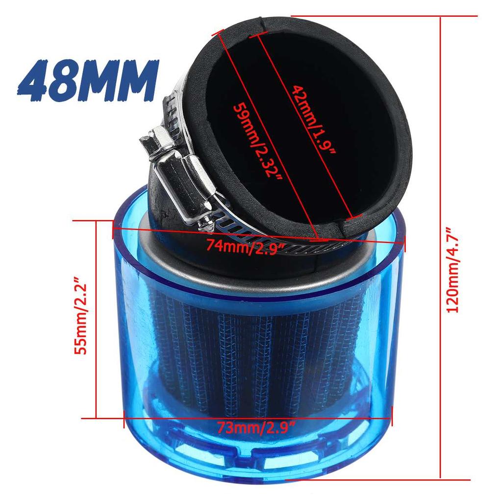 Filtro de aire para motocicleta con cuello en forma de codo de 35/40/42/45/48 mm, apto para vehículos todo terreno de 125 cc a 250 cc, a prueba de salpicaduras, color azul