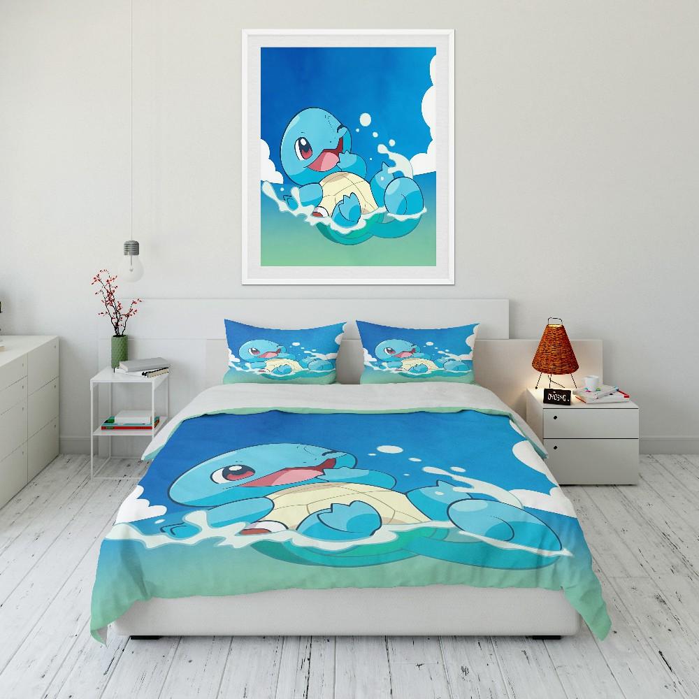 Gift for Anime Fans Pokemon Squirtle Printed Bedding Set 3PC Duvet Cover Adult Kids Gift Full Size Bedding Set Home Bed Decor