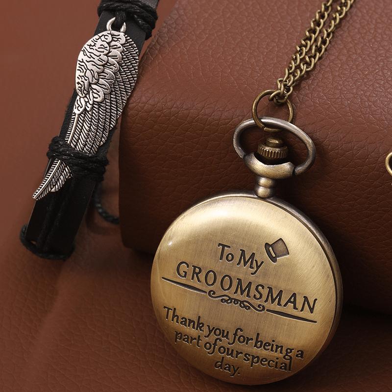 

2 шт./комплект, мужские карманные часы, «To My GROOMSMAN» мужские модные медные кварцевые карманные часы с ожерельем и 1 шт. мужской серебряный браслет с крыльями, идеально подходит для подарков