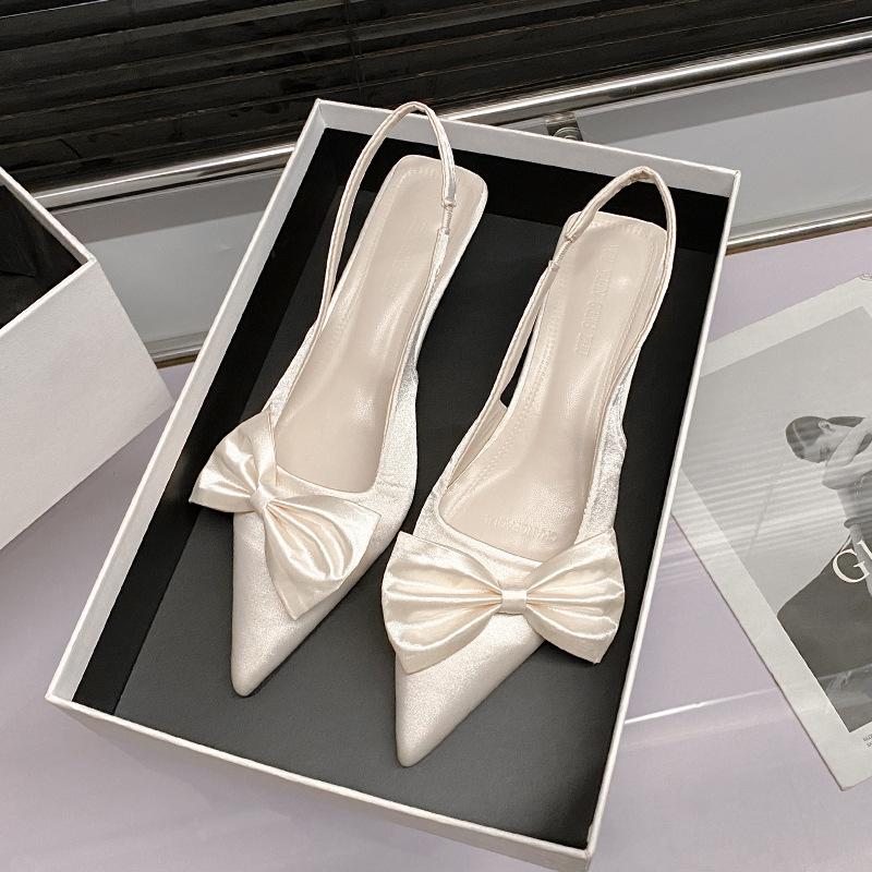 Low heel pointed head thin heel high heels women's bow temperament empty single shoes 2025 spring and summer bag head sandals women