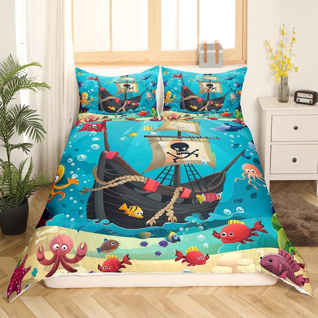Pirates Skull Duvet Cover Sets for Boys Kids Men Teen Queen Lightweight Bedding Sets Nautical Bedding Set Bedroom Decor No Quilt