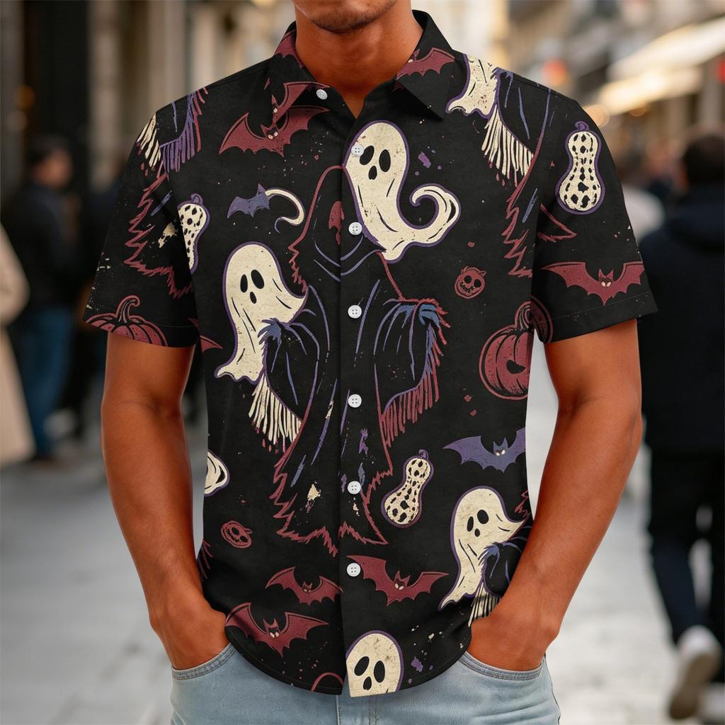 Men's Halloween Print Vintage Button Down Cardigan Shirt - Loose Fit Breathable Summer Casual Streetwear Top