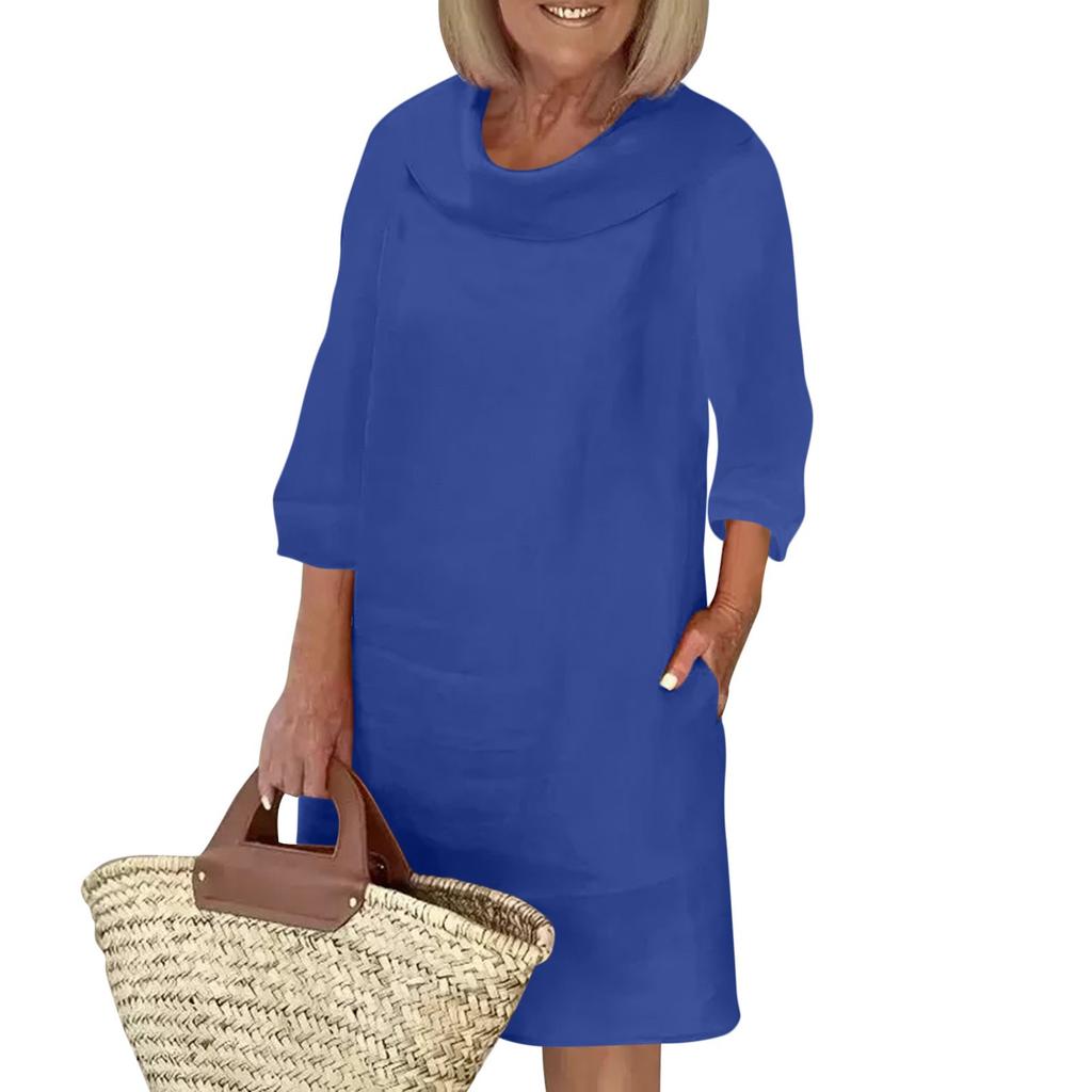 Women's Cotton And Linen Temperament Commuting Long Spliced Round Neck Casual Solid Color Dress