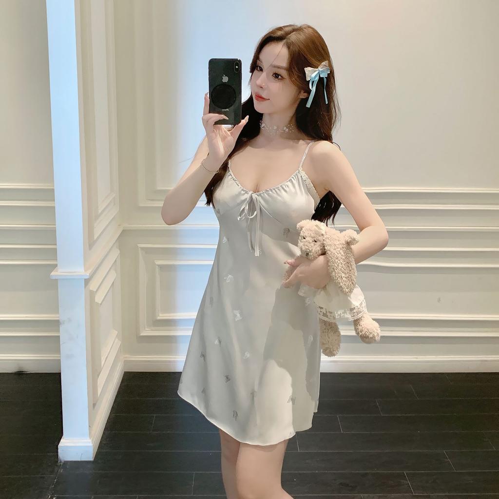 New sexy nightgown women's summer suspender ice silk pajamas ins print pure desire pajamas with chest pads