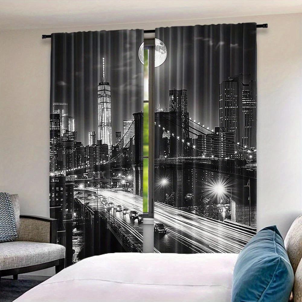 2pcs New York City Night Scene Printed Curtains, Pole Bag Curtains, Bedroom and Living Room, Home Decoration, Room Decoration