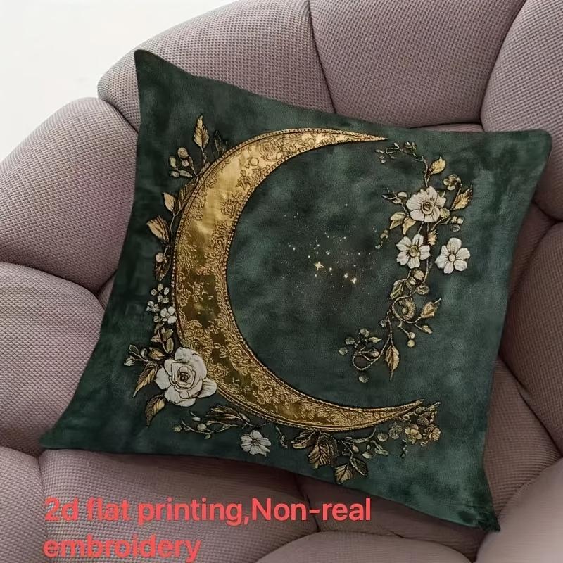 Mystic Gold Moon Floral Pillow Cover 2D Faux Embroidery Print Emerald Green Celestial Boho Cushion Case For Sofa Bed Home Decor