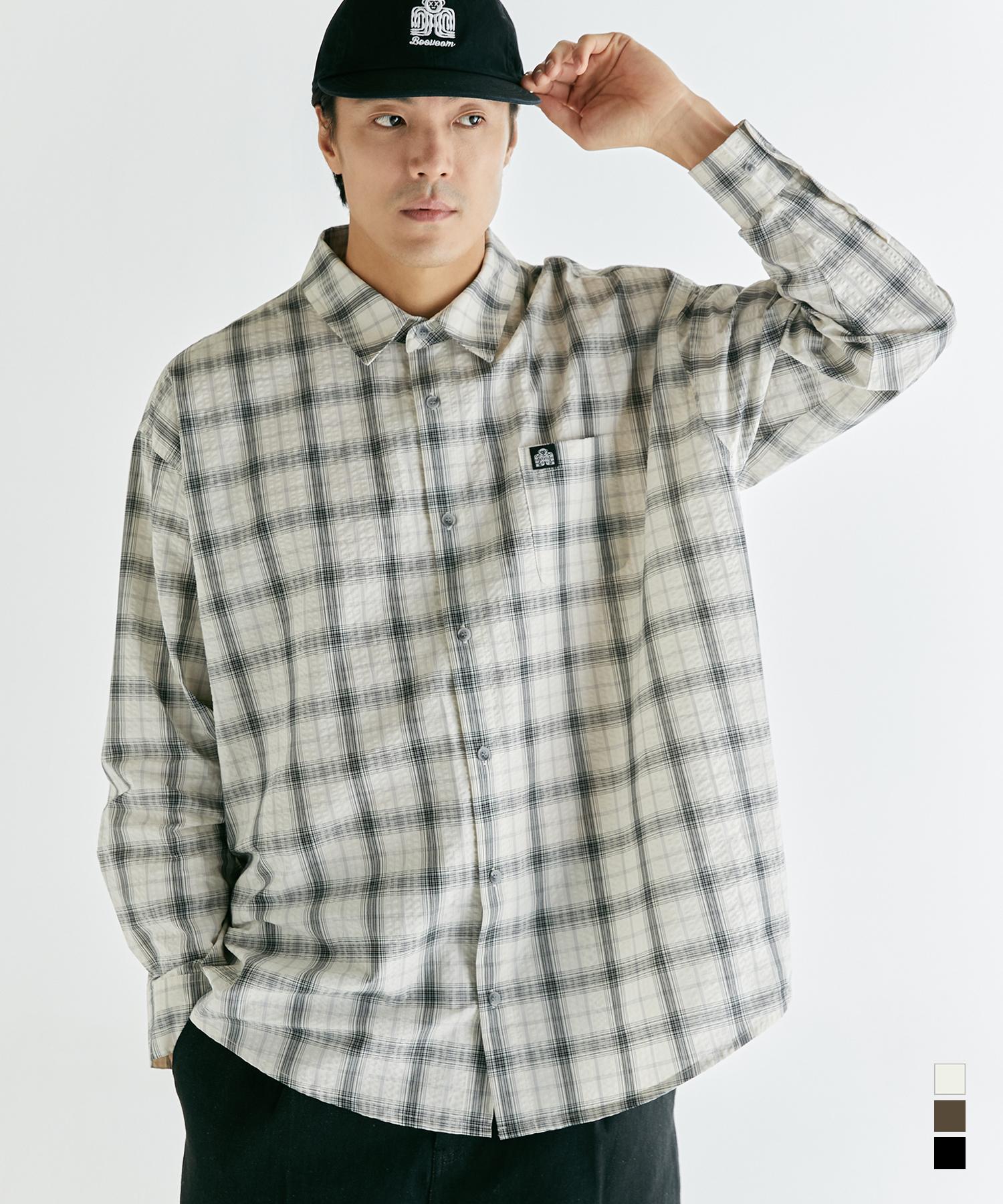 Buboom [Plus Size] Seersucker Airflow Check Shirt Ivory/2_Xxl(115~125)