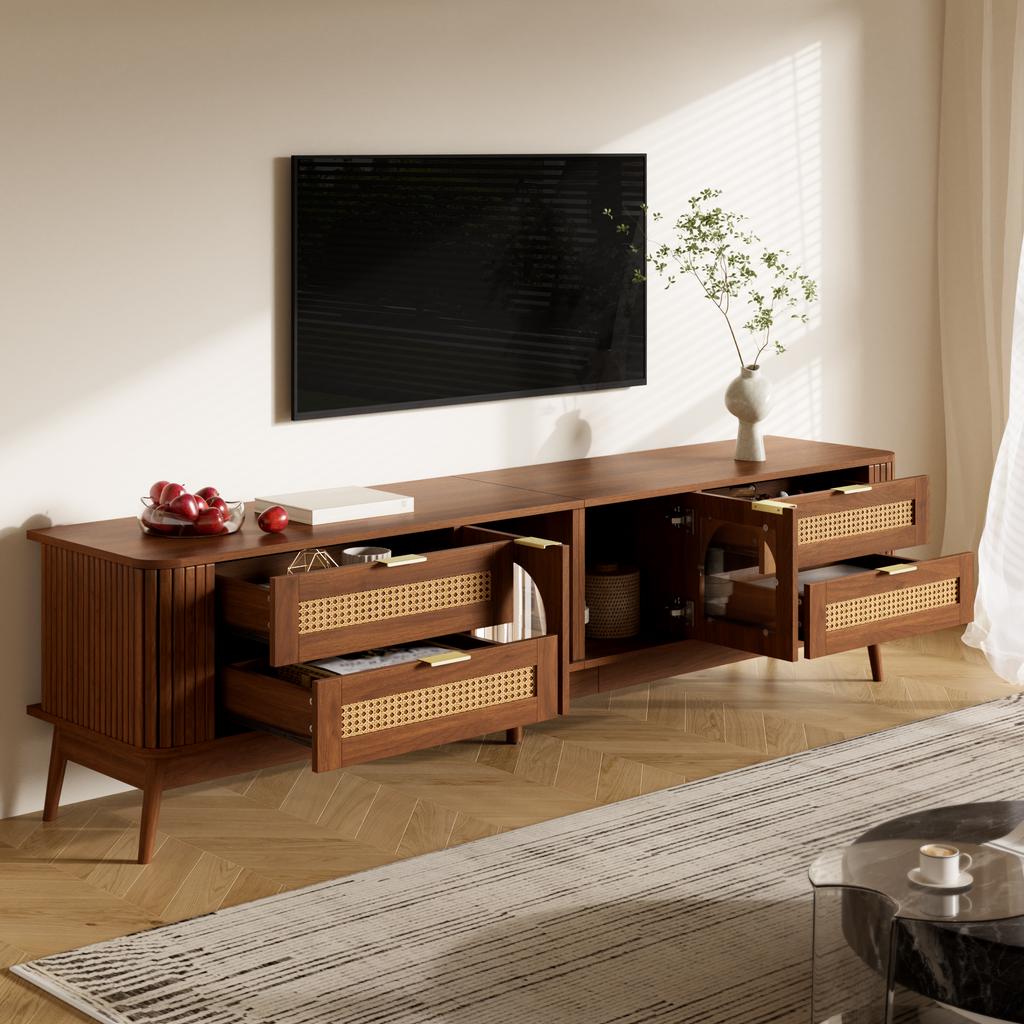 TV Cabinet, Tempered Safety Glass Doors, App-Controllable LED Lighting, Living Room Storage Cabinet, Chipboard, Solid Wood Legs, Four Drawers
