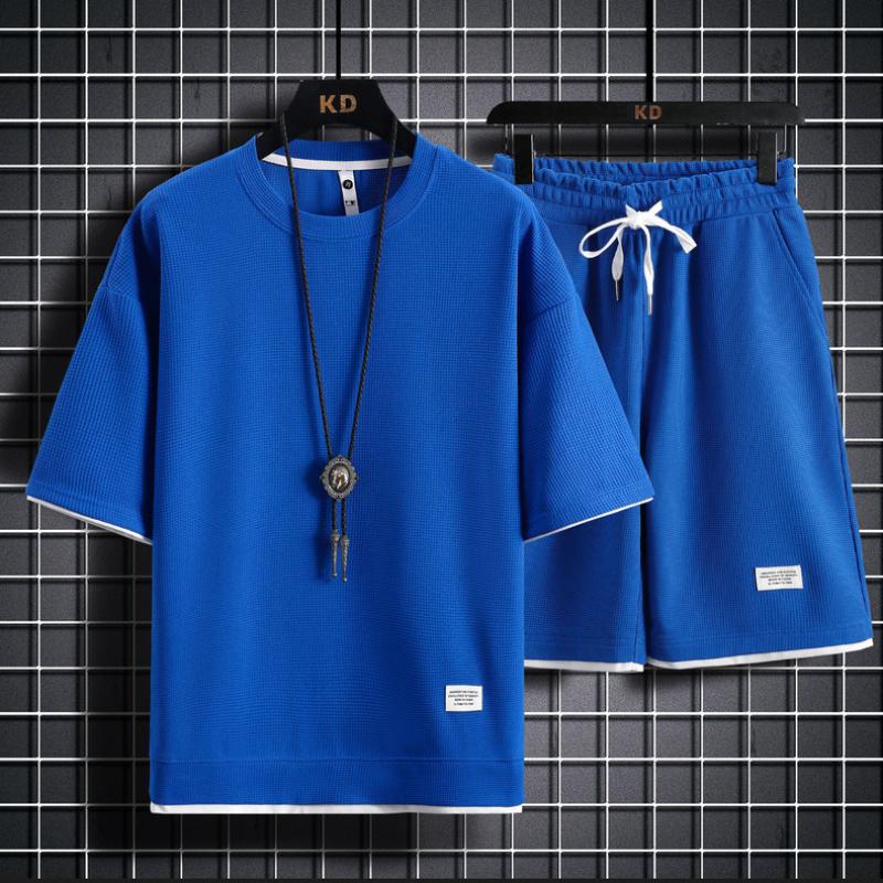 Waffle Short-sleeved Men's Summer Casual Sports Men's Shirt Sweater Suit Men's T-shirt Shorts Two-piece Men