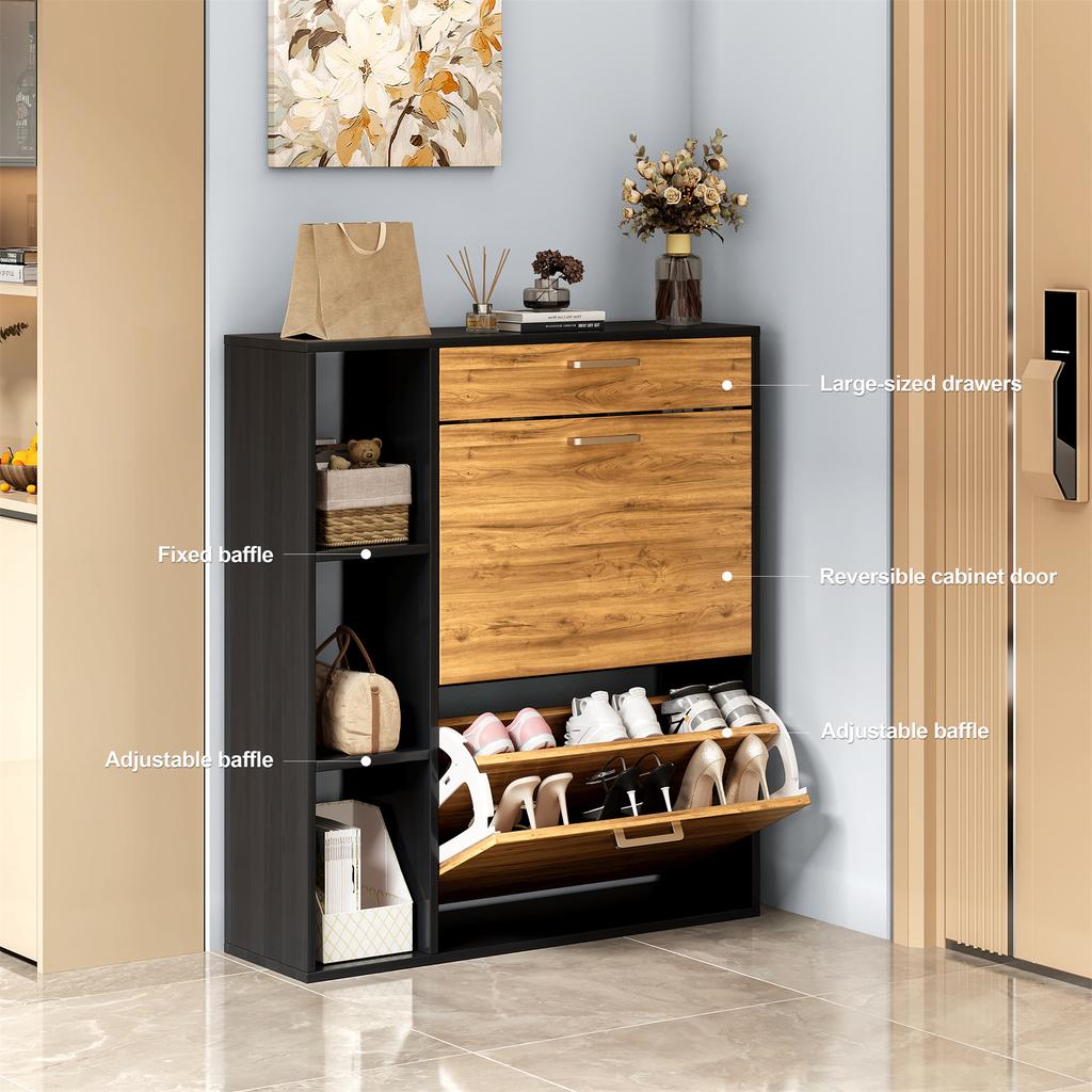 Wooden Shoe Cabinet With 2 Flip Drawers Pull Down Shoe Storage Organizer Cupboard For Entrance Area Hallway Living Rooms