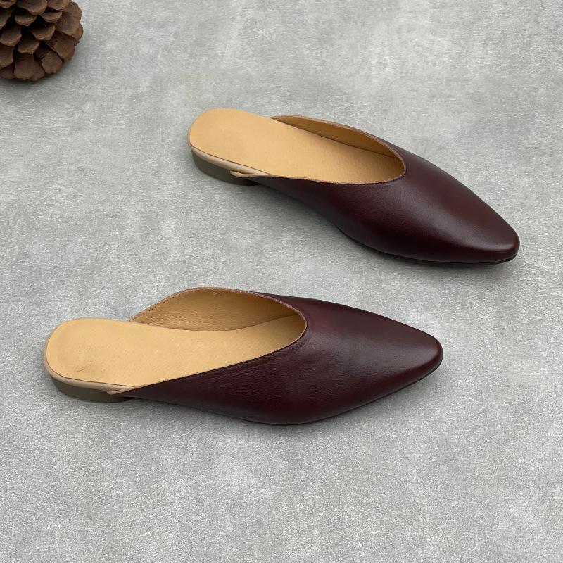 Johnature Pointed Toe Genuine Leather Women's Slippers Casual And Versatile Soft Cowhide Outdoor Slip-on Shoes