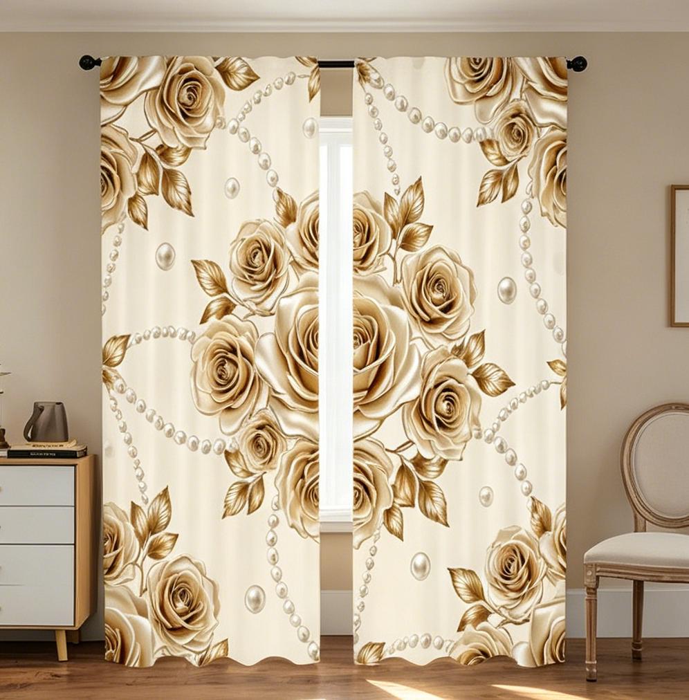 2PCS Digital Printed Curtains, Pearl Shimmer Rose Luxurious Elegant, Rod Pocket Window Drapes for Living Room Bedroom Decor