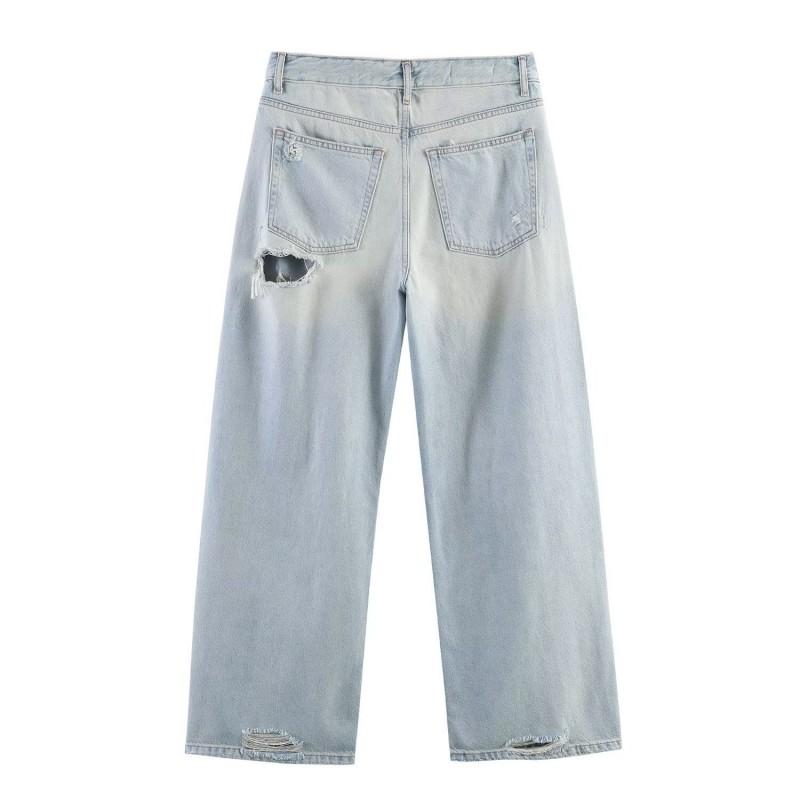 RZ Handmade Womens Classic Ripped Decor Mid Waist Loose Jeans