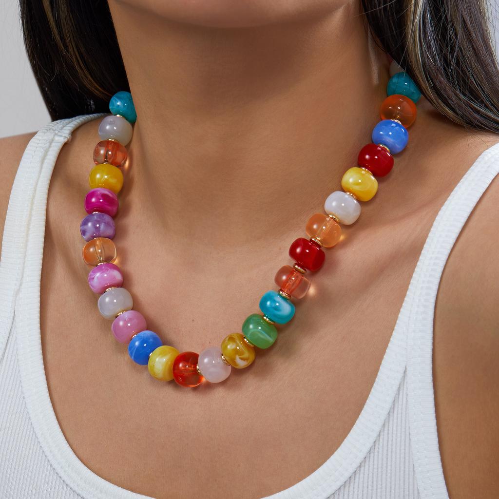 Boho Colorful Acrylic Beaded Necklace For Women Candy Color Chunky Round Resin Beads Choker Beach Vacation Seaside Daily Jewelry